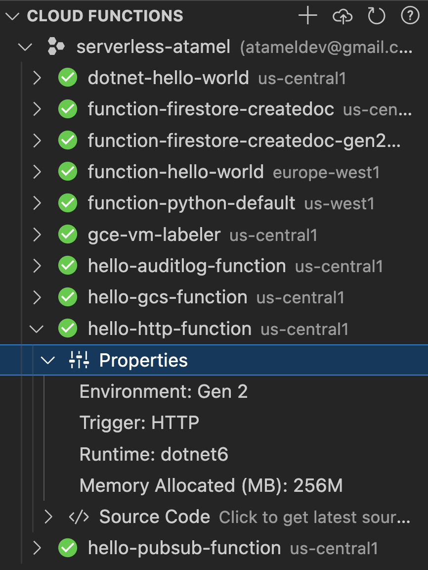 Cloud Functions explorer in Cloud Code