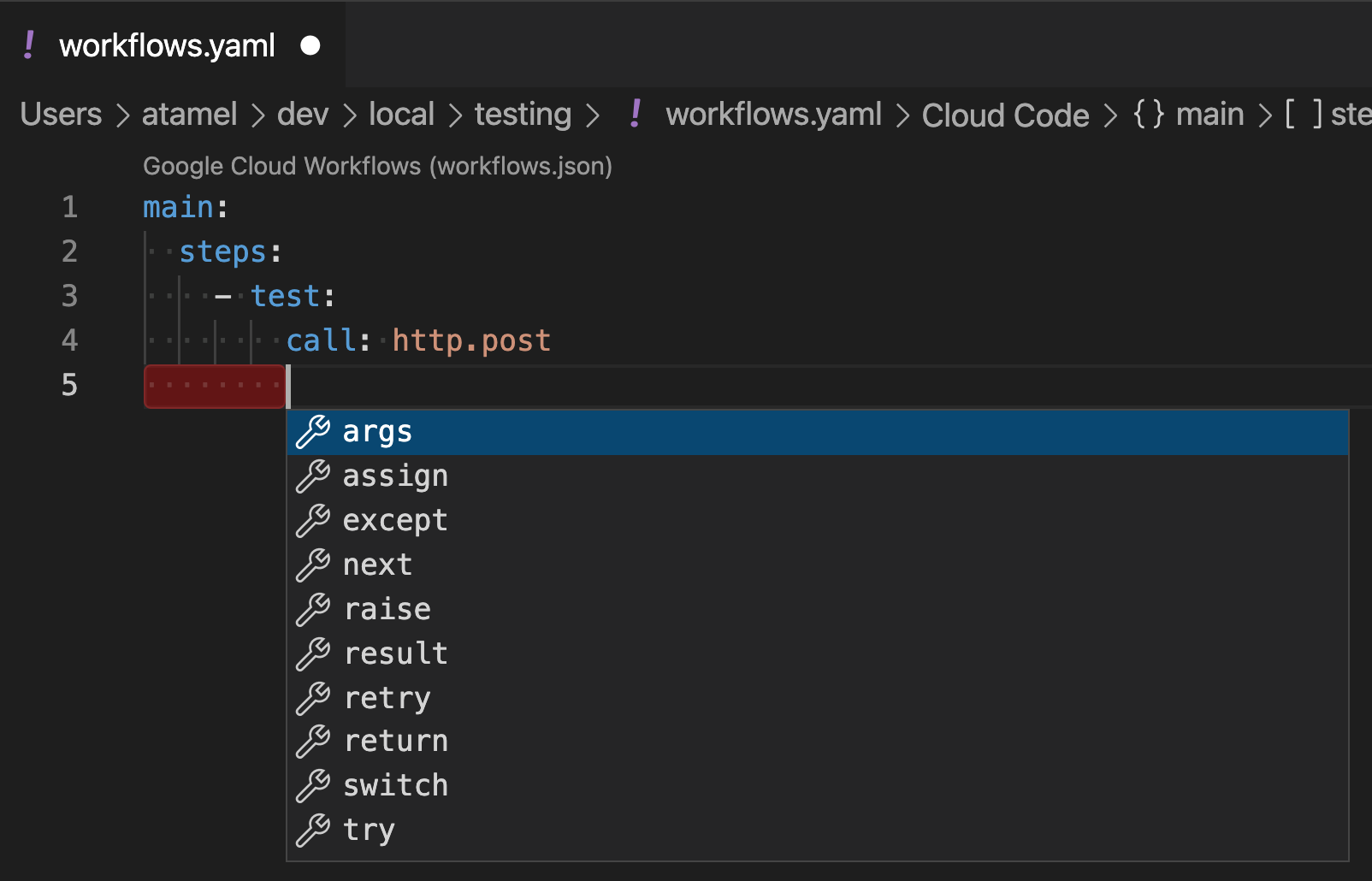 Workflows Auto-complete in VS Code