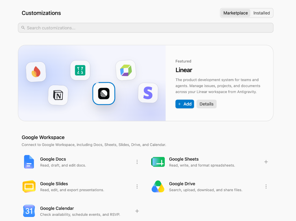 Customizations Plugins Marketplace in Antigravity